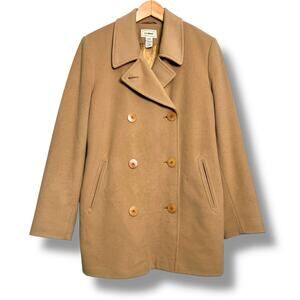 LL Bean Cashmere Blend Peacoat Coat Camel Size 14 Career Old Money Nautical